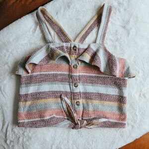 Madewell Texture & Thread Tank – Earthy Striped Button Tie Crop Top – Size S